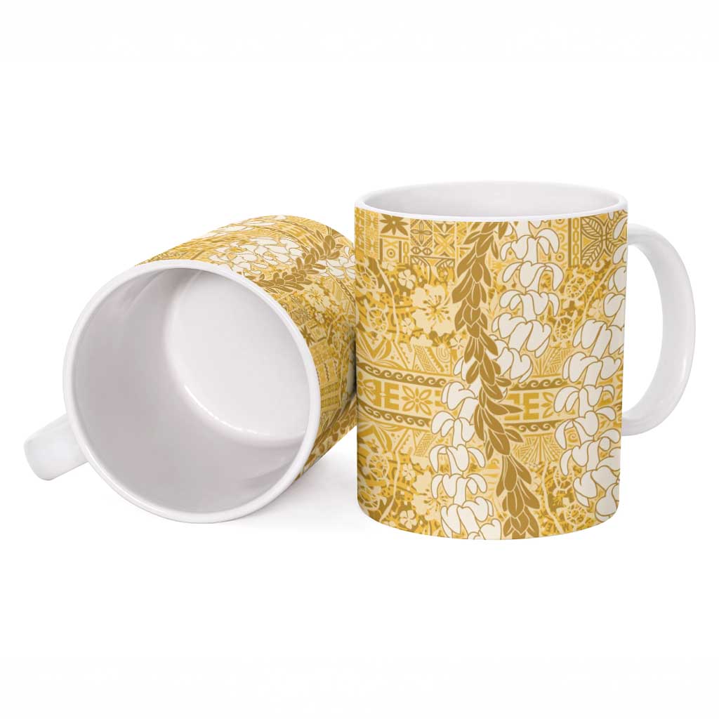 Gold Puakenikeni and Maile Lei Ceramic Mug Hawaiian Style Tribal Tapa Double Strand Lei - Polynesian Pride