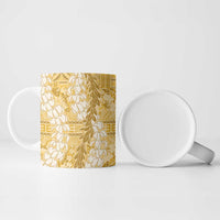 Gold Puakenikeni and Maile Lei Ceramic Mug Hawaiian Style Tribal Tapa Double Strand Lei - Polynesian Pride