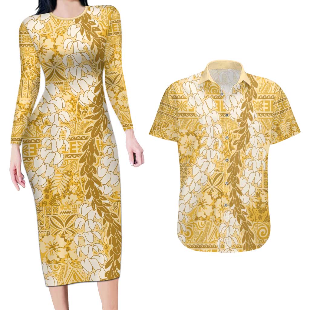 Gold Puakenikeni and Maile Lei Couples Matching Long Sleeve Bodycon Dress and Hawaiian Shirt Hawaiian Style Tribal Tapa Double Strand Lei LT9 Gold - Polynesian Pride