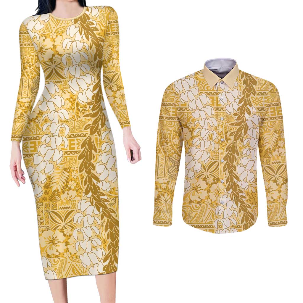 Gold Puakenikeni and Maile Lei Couples Matching Long Sleeve Bodycon Dress and Long Sleeve Button Shirt Hawaiian Style Tribal Tapa Double Strand Lei LT9 Gold - Polynesian Pride