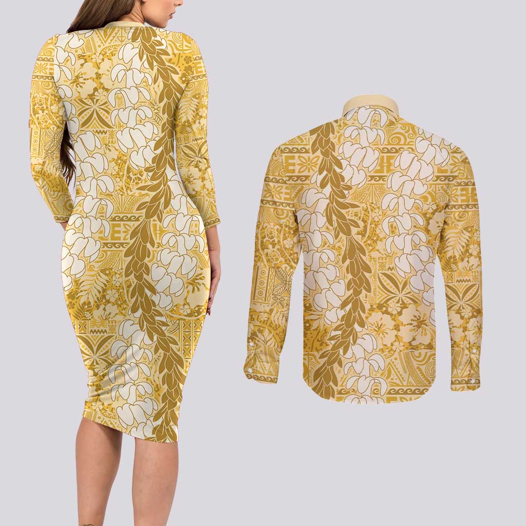 Gold Puakenikeni and Maile Lei Couples Matching Long Sleeve Bodycon Dress and Long Sleeve Button Shirt Hawaiian Style Tribal Tapa Double Strand Lei