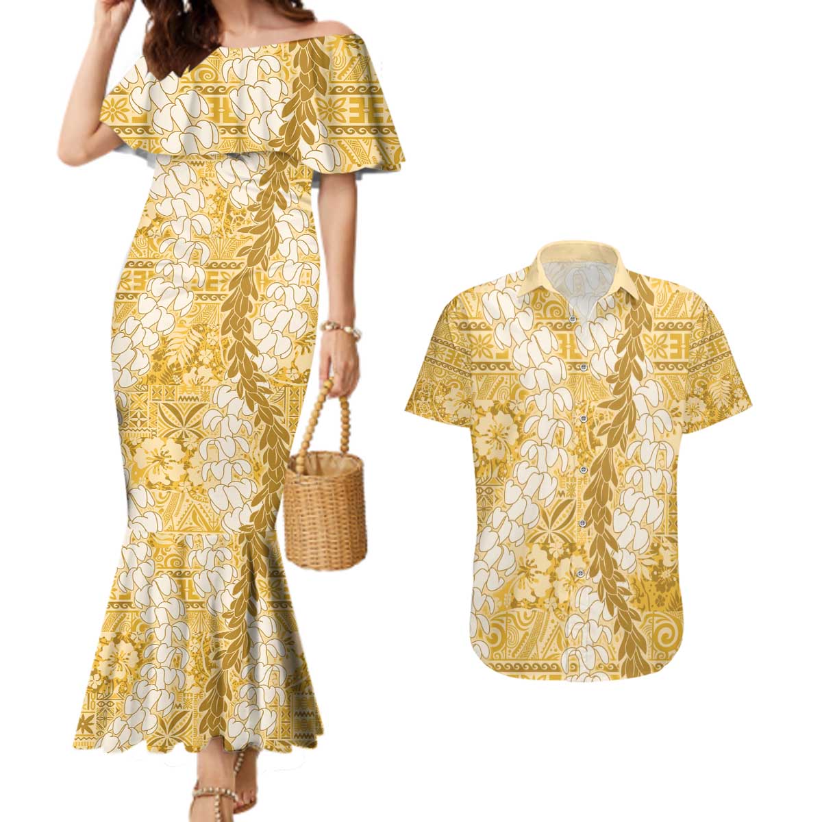 Gold Puakenikeni and Maile Lei Couples Matching Mermaid Dress and Hawaiian Shirt Hawaiian Style Tribal Tapa Double Strand Lei