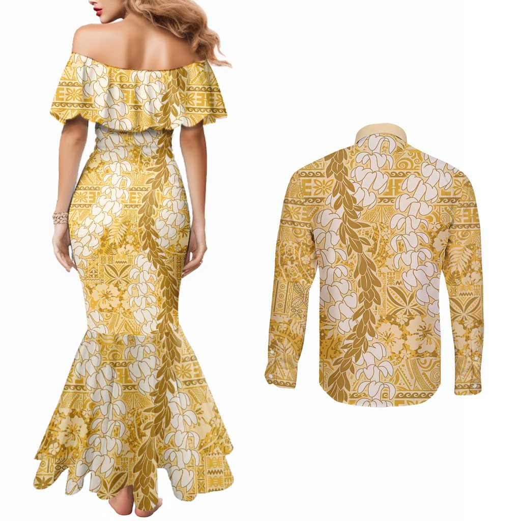 Gold Puakenikeni and Maile Lei Couples Matching Mermaid Dress and Long Sleeve Button Shirt Hawaiian Style Tribal Tapa Double Strand Lei