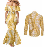 Gold Puakenikeni and Maile Lei Couples Matching Mermaid Dress and Long Sleeve Button Shirt Hawaiian Style Tribal Tapa Double Strand Lei