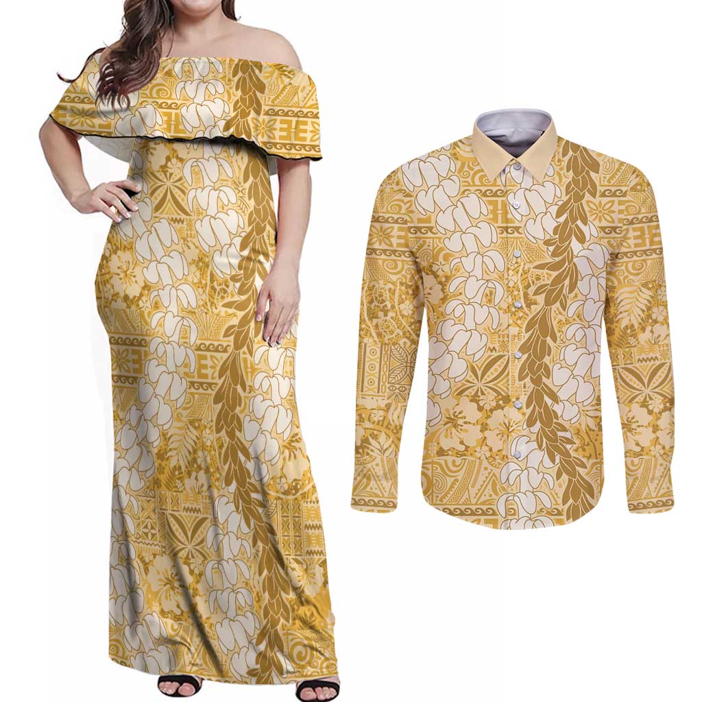 Gold Puakenikeni and Maile Lei Couples Matching Off Shoulder Maxi Dress and Long Sleeve Button Shirt Hawaiian Style Tribal Tapa Double Strand Lei LT9 Gold - Polynesian Pride