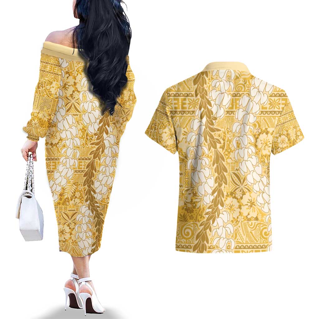 Gold Puakenikeni and Maile Lei Couples Matching Off The Shoulder Long Sleeve Dress and Hawaiian Shirt Hawaiian Style Tribal Tapa Double Strand Lei