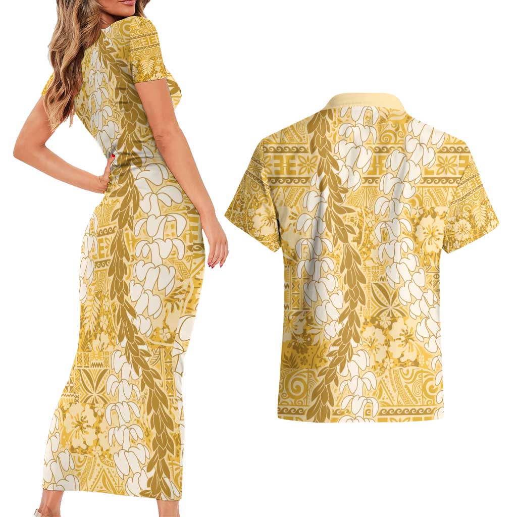 Gold Puakenikeni and Maile Lei Couples Matching Short Sleeve Bodycon Dress and Hawaiian Shirt Hawaiian Style Tribal Tapa Double Strand Lei