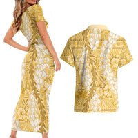 Gold Puakenikeni and Maile Lei Couples Matching Short Sleeve Bodycon Dress and Hawaiian Shirt Hawaiian Style Tribal Tapa Double Strand Lei
