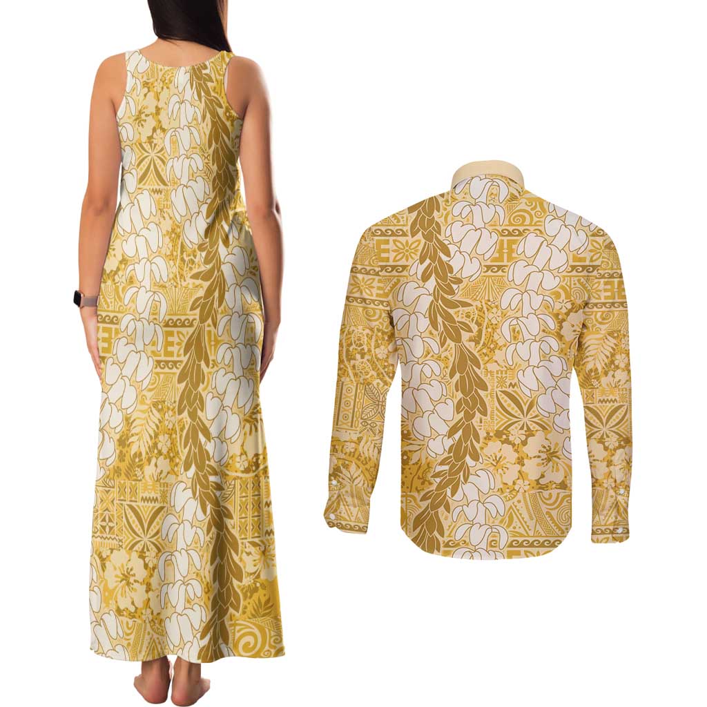 Gold Puakenikeni and Maile Lei Couples Matching Tank Maxi Dress and Long Sleeve Button Shirt Hawaiian Style Tribal Tapa Double Strand Lei