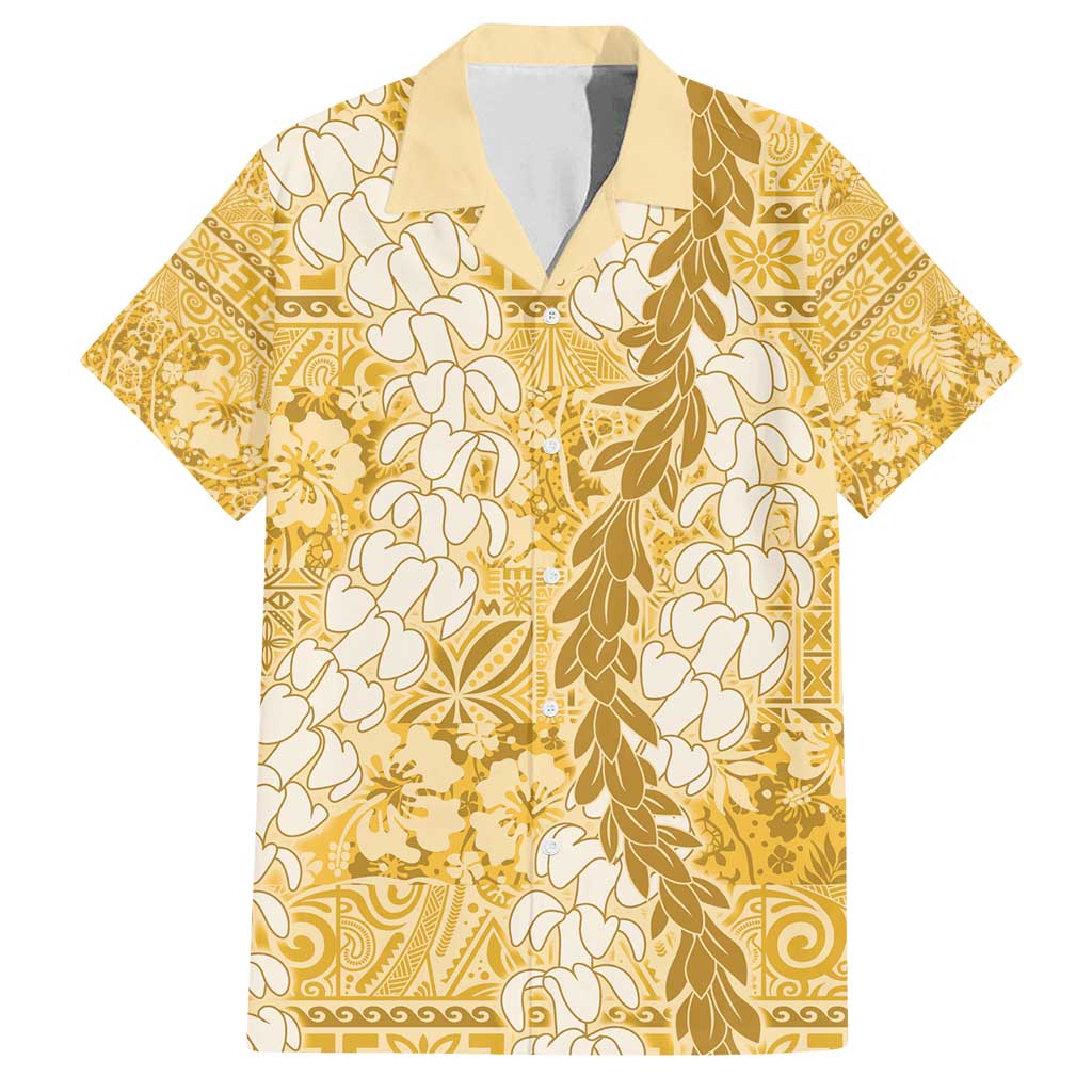 Gold Puakenikeni and Maile Lei Family Matching Long Sleeve Bodycon Dress and Hawaiian Shirt Hawaiian Style Tribal Tapa Double Strand Lei