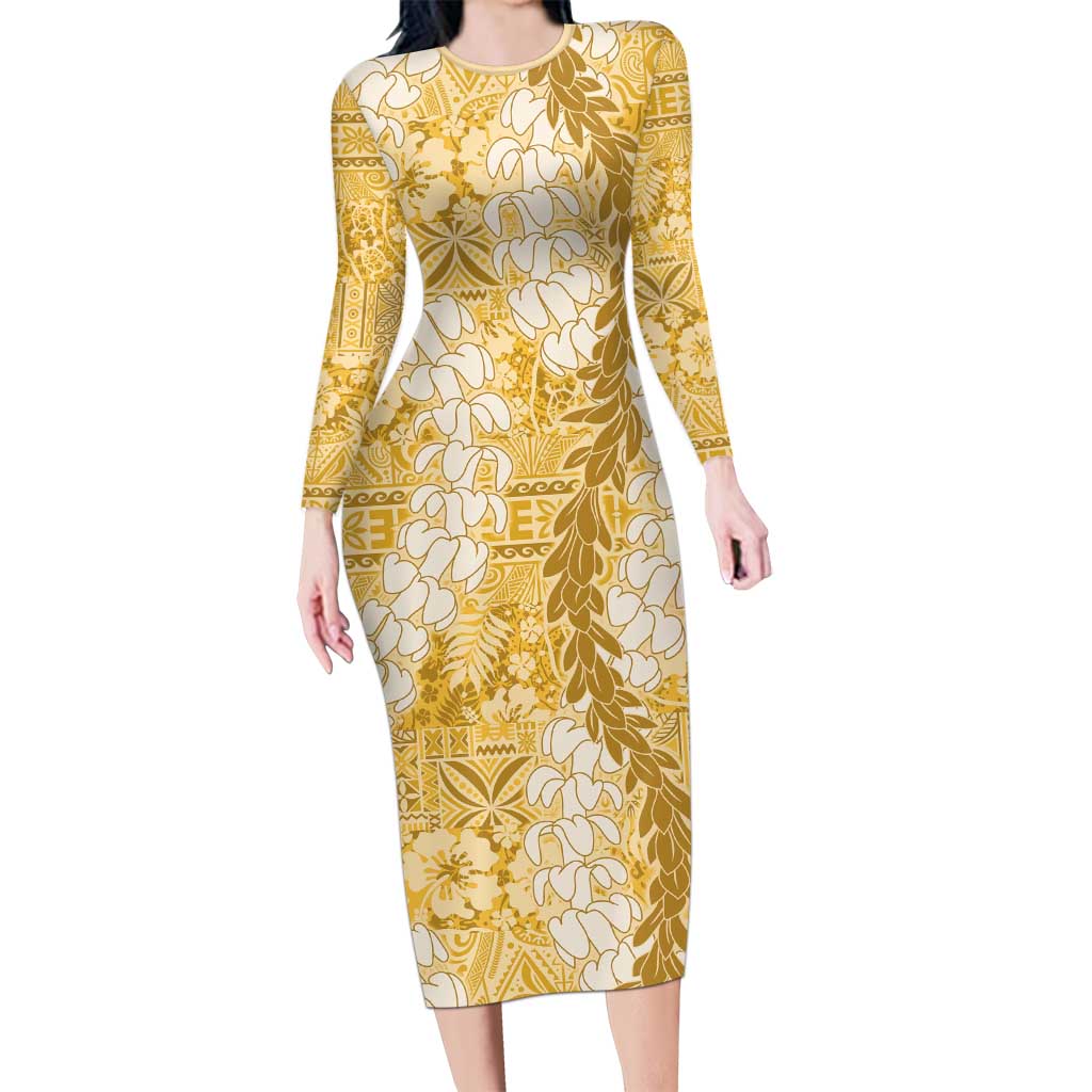 Gold Puakenikeni and Maile Lei Family Matching Long Sleeve Bodycon Dress and Hawaiian Shirt Hawaiian Style Tribal Tapa Double Strand Lei