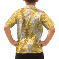 Gold Puakenikeni and Maile Lei Family Matching Off The Shoulder Long Sleeve Dress and Hawaiian Shirt Hawaiian Style Tribal Tapa Double Strand Lei