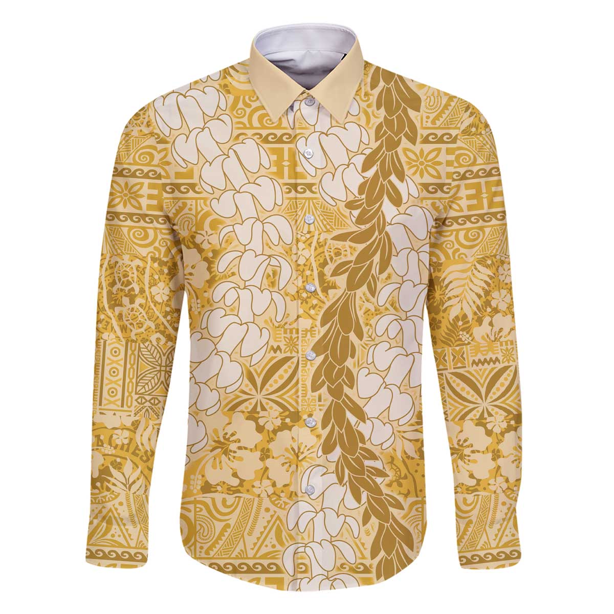 Gold Puakenikeni and Maile Lei Family Matching Off The Shoulder Long Sleeve Dress and Hawaiian Shirt Hawaiian Style Tribal Tapa Double Strand Lei