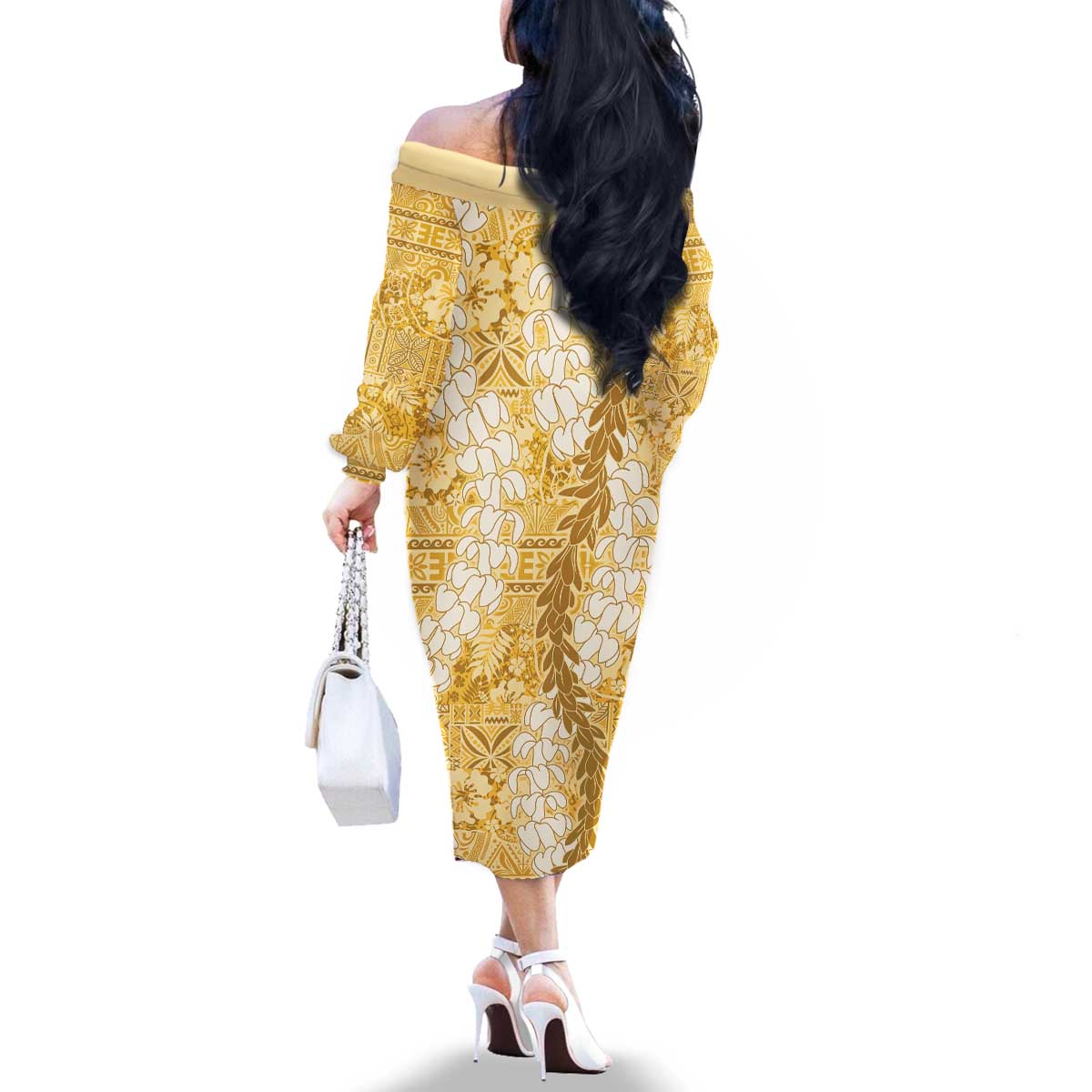 Gold Puakenikeni and Maile Lei Family Matching Off The Shoulder Long Sleeve Dress and Hawaiian Shirt Hawaiian Style Tribal Tapa Double Strand Lei
