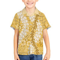 Gold Puakenikeni and Maile Lei Family Matching Off The Shoulder Long Sleeve Dress and Hawaiian Shirt Hawaiian Style Tribal Tapa Double Strand Lei
