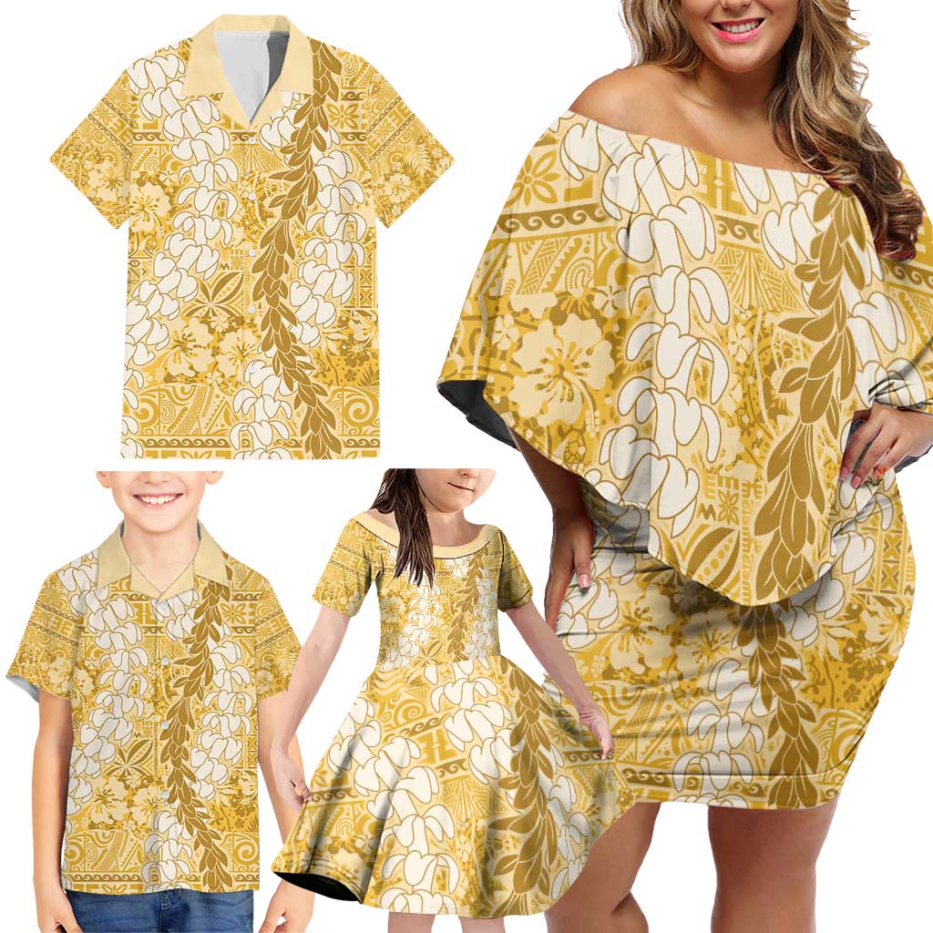 Gold Puakenikeni and Maile Lei Family Matching Off Shoulder Short Dress and Hawaiian Shirt Hawaiian Style Tribal Tapa Double Strand Lei LT9 - Polynesian Pride