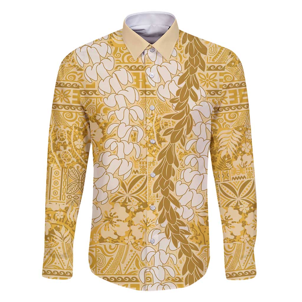 Gold Puakenikeni and Maile Lei Family Matching Off Shoulder Short Dress and Hawaiian Shirt Hawaiian Style Tribal Tapa Double Strand Lei