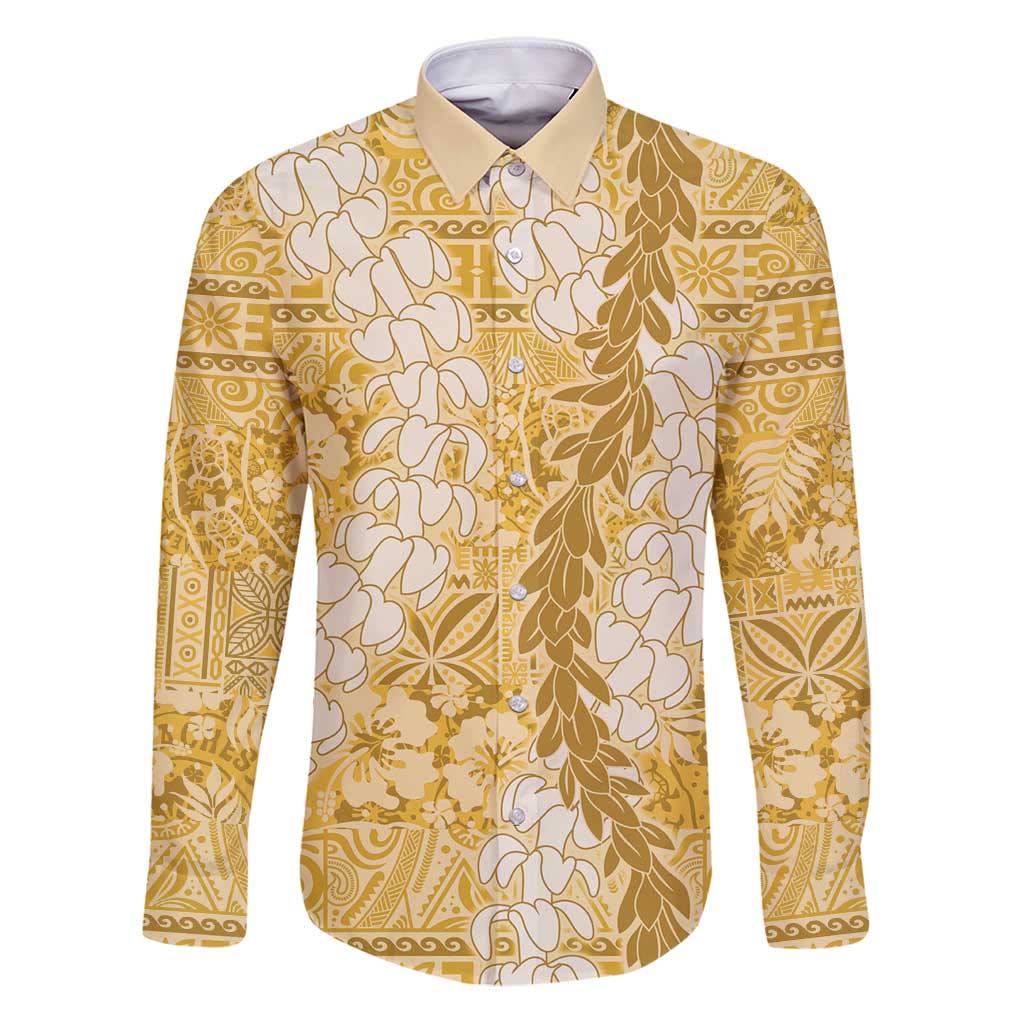 Gold Puakenikeni and Maile Lei Family Matching Puletasi and Hawaiian Shirt Hawaiian Style Tribal Tapa Double Strand Lei