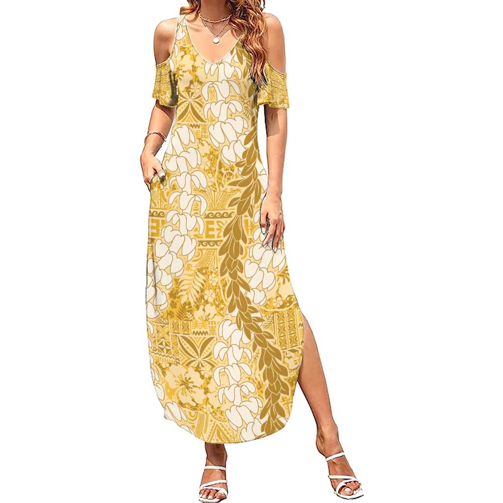 Gold Puakenikeni and Maile Lei Family Matching Summer Maxi Dress and Hawaiian Shirt Hawaiian Style Tribal Tapa Double Strand Lei