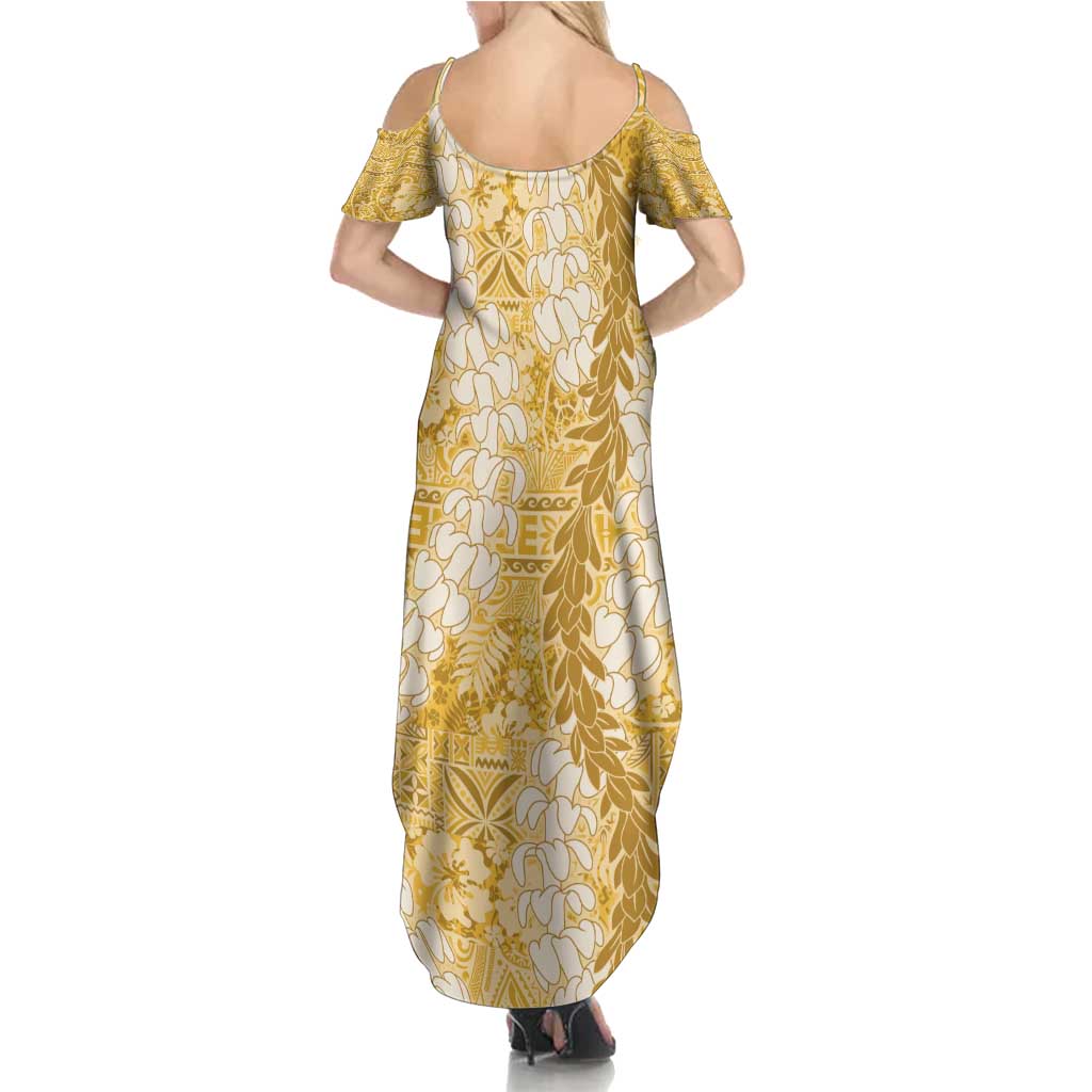 Gold Puakenikeni and Maile Lei Family Matching Summer Maxi Dress and Hawaiian Shirt Hawaiian Style Tribal Tapa Double Strand Lei