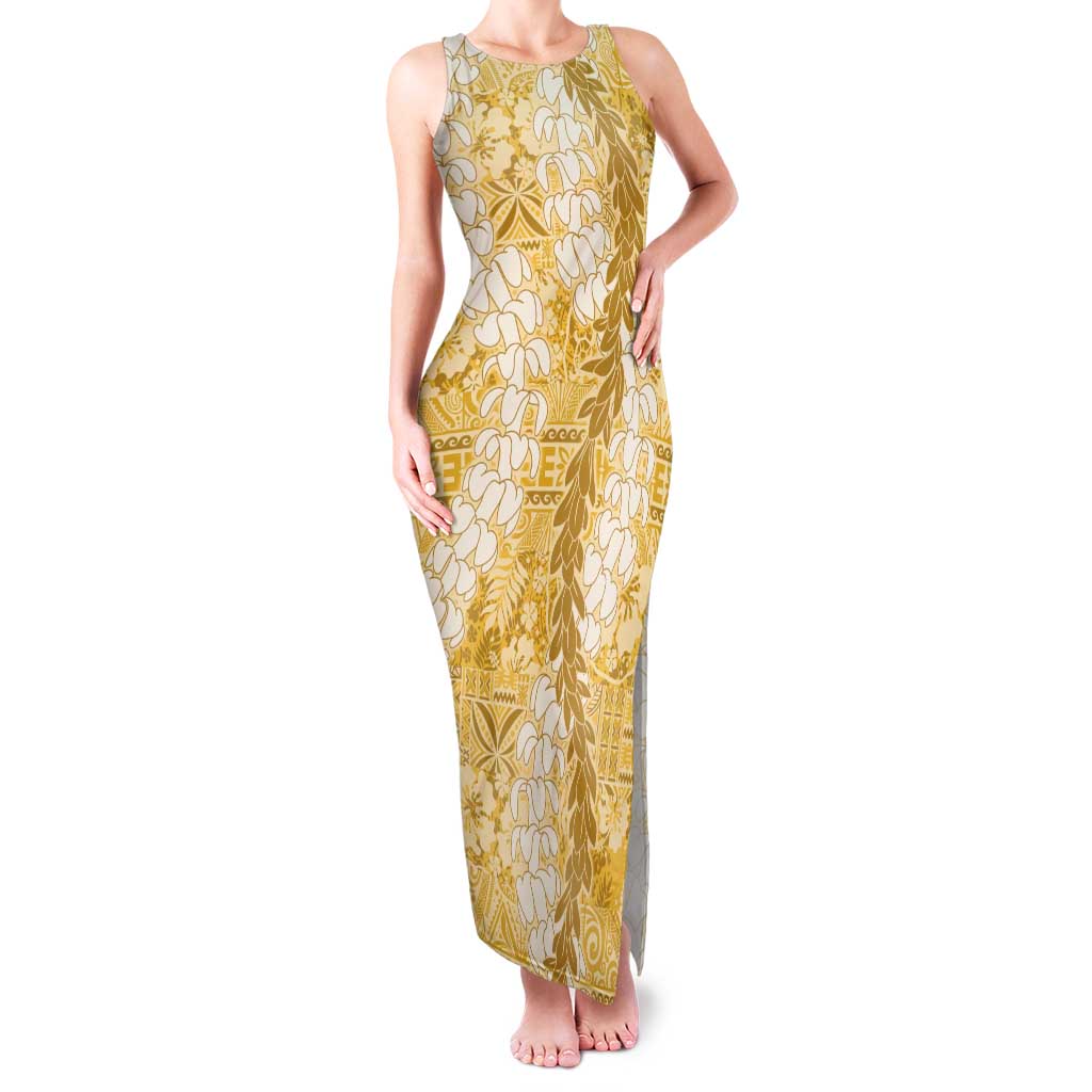 Gold Puakenikeni and Maile Lei Family Matching Tank Maxi Dress and Hawaiian Shirt Hawaiian Style Tribal Tapa Double Strand Lei