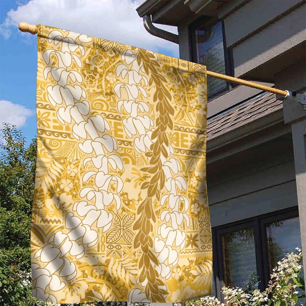 Gold Puakenikeni and Maile Lei Garden Flag Hawaiian Style Tribal Tapa Double Strand Lei