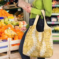 Gold Puakenikeni and Maile Lei Grocery Bag Hawaiian Style Tribal Tapa Double Strand Lei