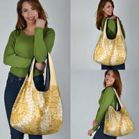 Gold Puakenikeni and Maile Lei Grocery Bag Hawaiian Style Tribal Tapa Double Strand Lei