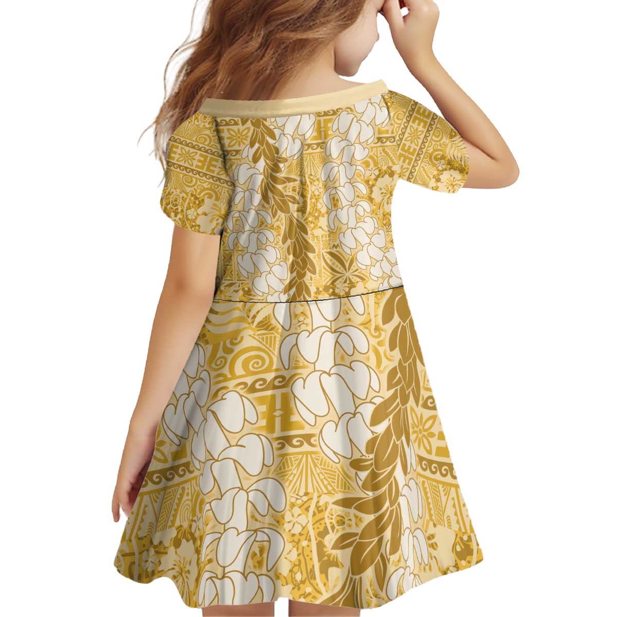 Gold Puakenikeni and Maile Lei Kid Short Sleeve Dress Hawaiian Style Tribal Tapa Double Strand Lei