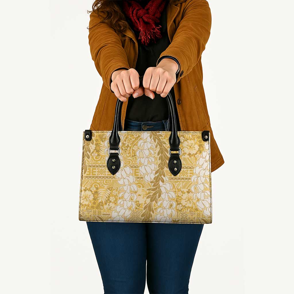 Gold Puakenikeni and Maile Lei Leather Bag Hawaiian Style Tribal Tapa Double Strand Lei - Polynesian Pride