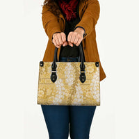 Gold Puakenikeni and Maile Lei Leather Bag Hawaiian Style Tribal Tapa Double Strand Lei - Polynesian Pride