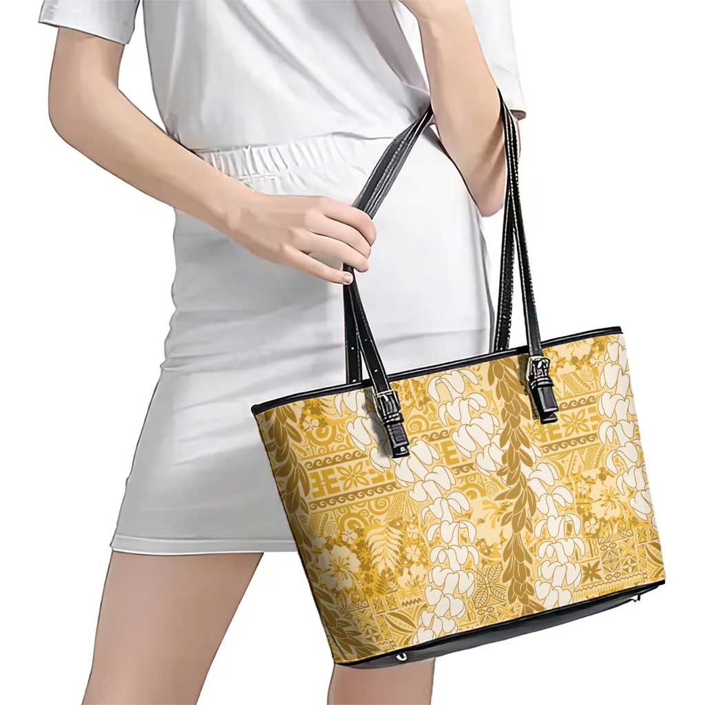Gold Puakenikeni and Maile Lei Leather Tote Bag Hawaiian Style Tribal Tapa Double Strand Lei