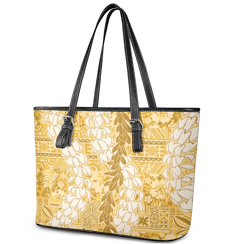 Gold Puakenikeni and Maile Lei Leather Tote Bag Hawaiian Style Tribal Tapa Double Strand Lei