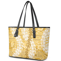 Gold Puakenikeni and Maile Lei Leather Tote Bag Hawaiian Style Tribal Tapa Double Strand Lei