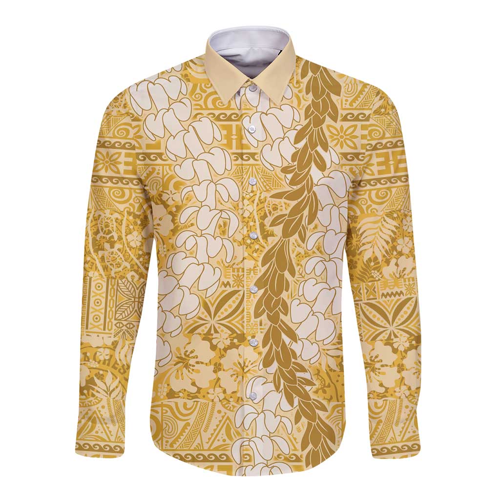 Gold Puakenikeni and Maile Lei Long Sleeve Button Shirt Hawaiian Style Tribal Tapa Double Strand Lei LT9 Unisex Gold - Polynesian Pride