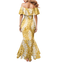 Gold Puakenikeni and Maile Lei Mermaid Dress Hawaiian Style Tribal Tapa Double Strand Lei