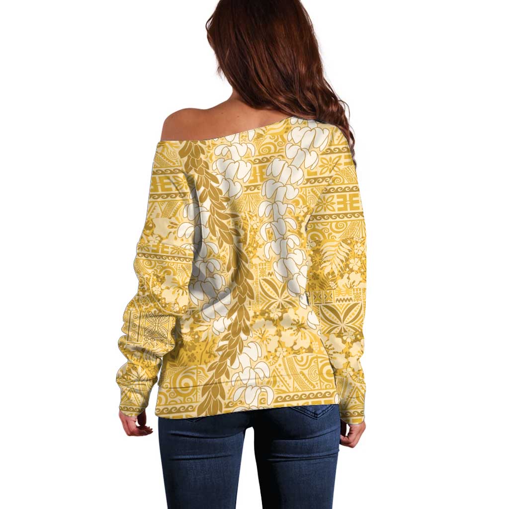 Gold Puakenikeni and Maile Lei Off Shoulder Sweater Hawaiian Style Tribal Tapa Double Strand Lei