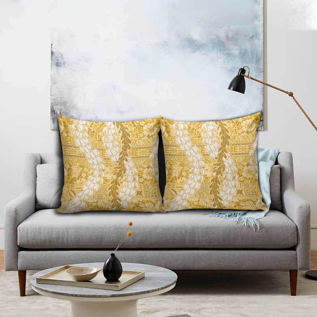Gold Puakenikeni and Maile Lei Pillow Cover Hawaiian Style Tribal Tapa Double Strand Lei - Polynesian Pride