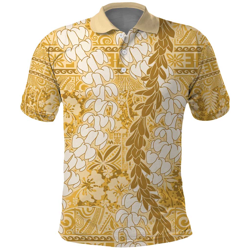 Gold Puakenikeni and Maile Lei Polo Shirt Hawaiian Style Tribal Tapa Double Strand Lei