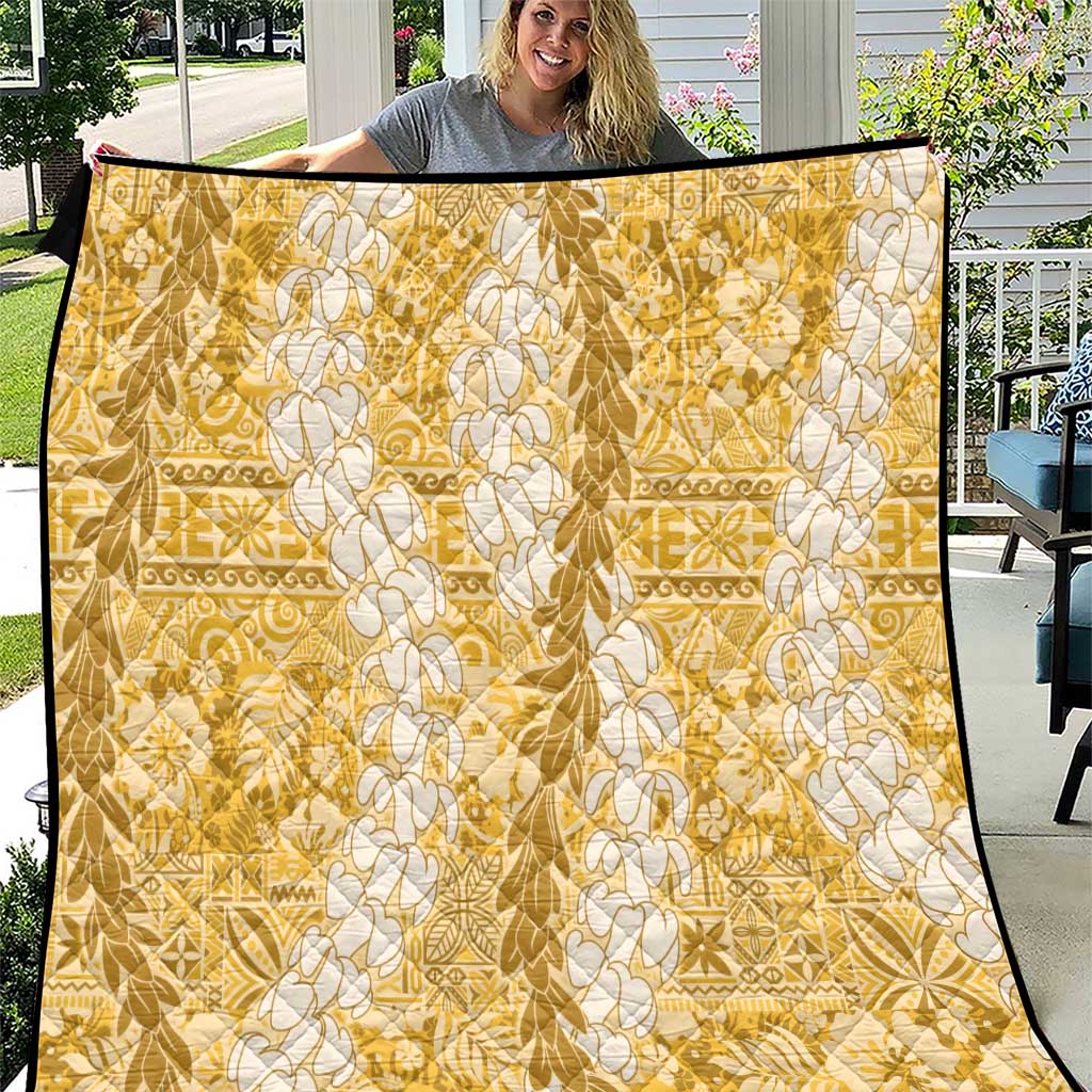 Gold Puakenikeni and Maile Lei Quilt Hawaiian Style Tribal Tapa Double Strand Lei