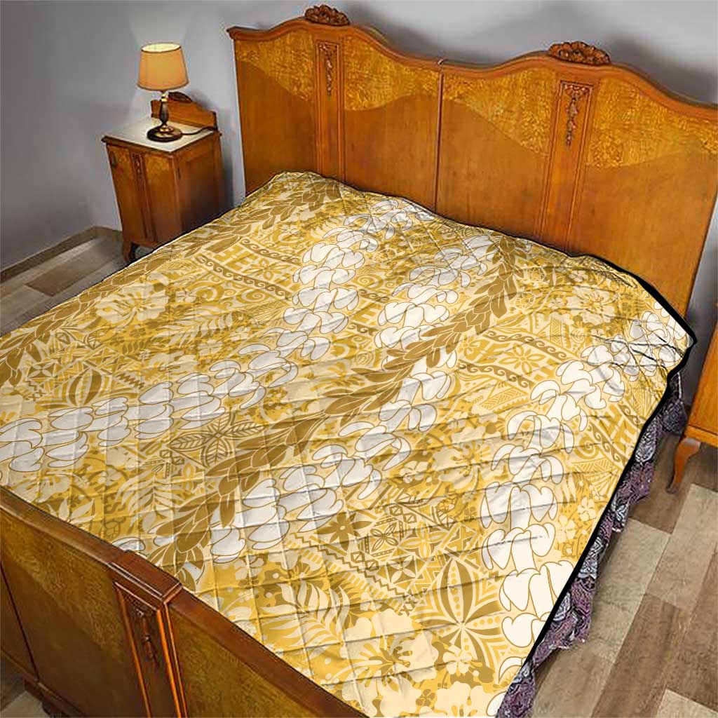 Gold Puakenikeni and Maile Lei Quilt Hawaiian Style Tribal Tapa Double Strand Lei