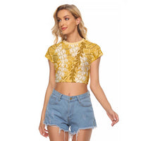 Gold Puakenikeni and Maile Lei Raglan Cropped T Shirt Hawaiian Style Tribal Tapa Double Strand Lei