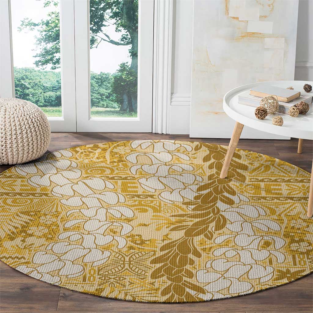 Gold Puakenikeni and Maile Lei Round Carpet Hawaiian Style Tribal Tapa Double Strand Lei