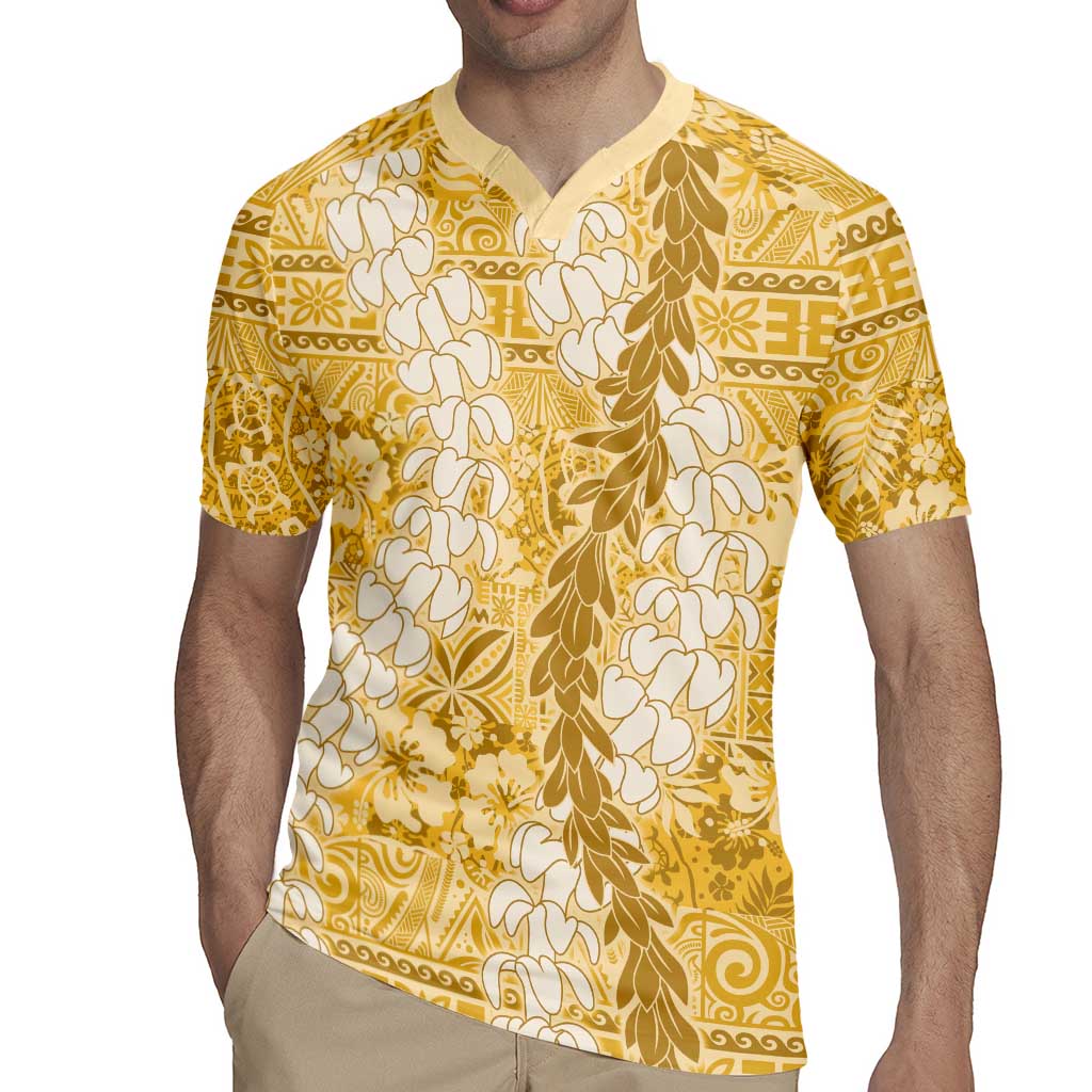 Gold Puakenikeni and Maile Lei Rugby Jersey Hawaiian Style Tribal Tapa Double Strand Lei