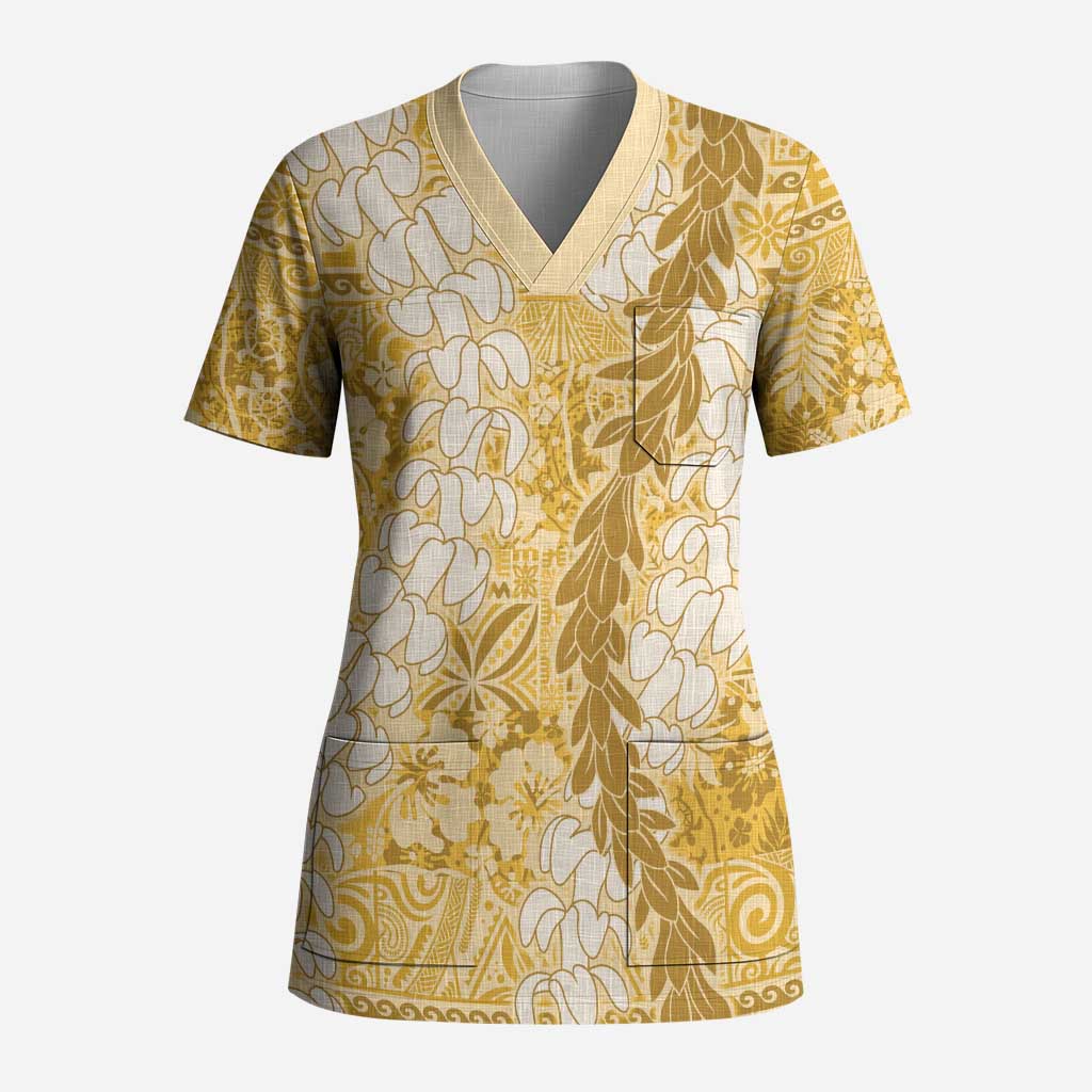 Gold Puakenikeni and Maile Lei Scrub Top Hawaiian Style Tribal Tapa Double Strand Lei - Polynesian Pride