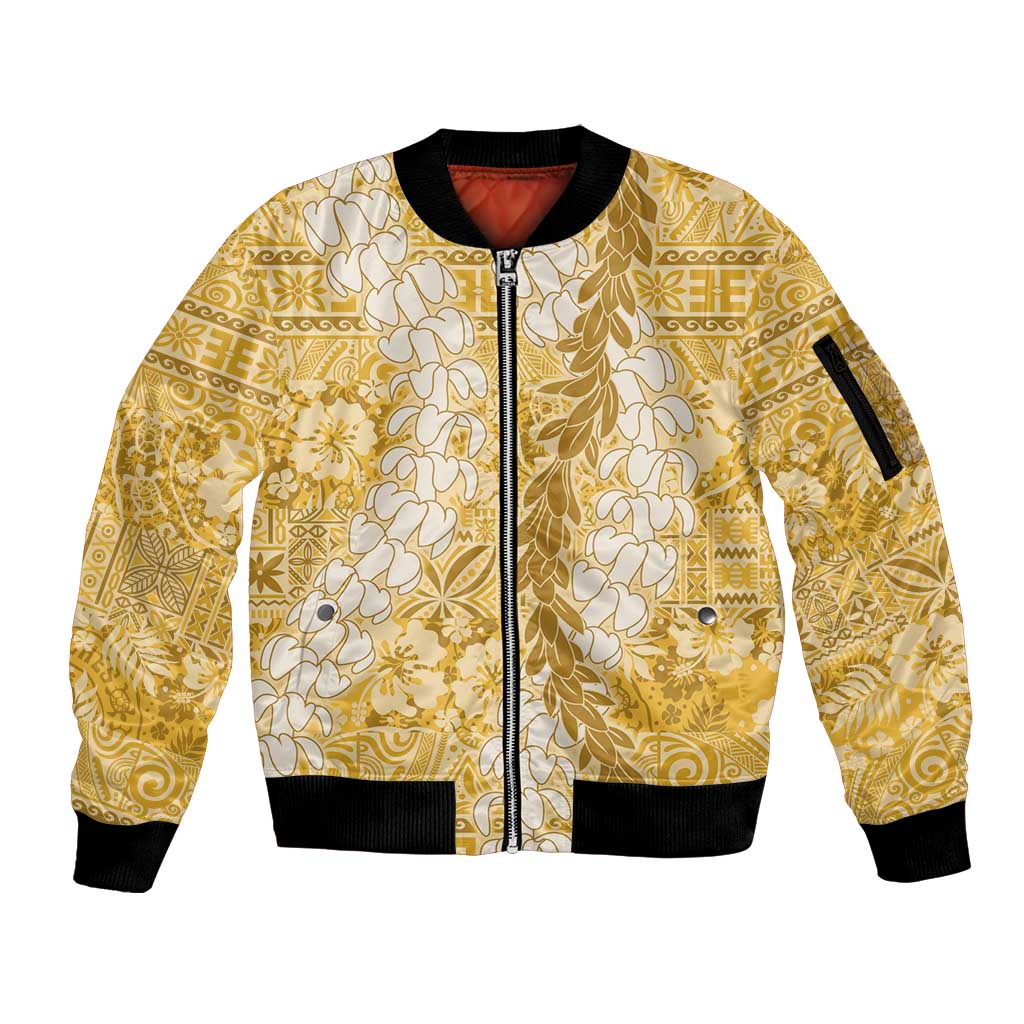 Gold Puakenikeni and Maile Lei Sleeve Zip Bomber Jacket Hawaiian Style Tribal Tapa Double Strand Lei