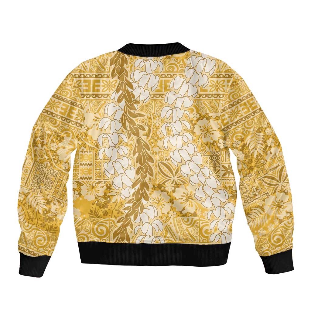 Gold Puakenikeni and Maile Lei Sleeve Zip Bomber Jacket Hawaiian Style Tribal Tapa Double Strand Lei