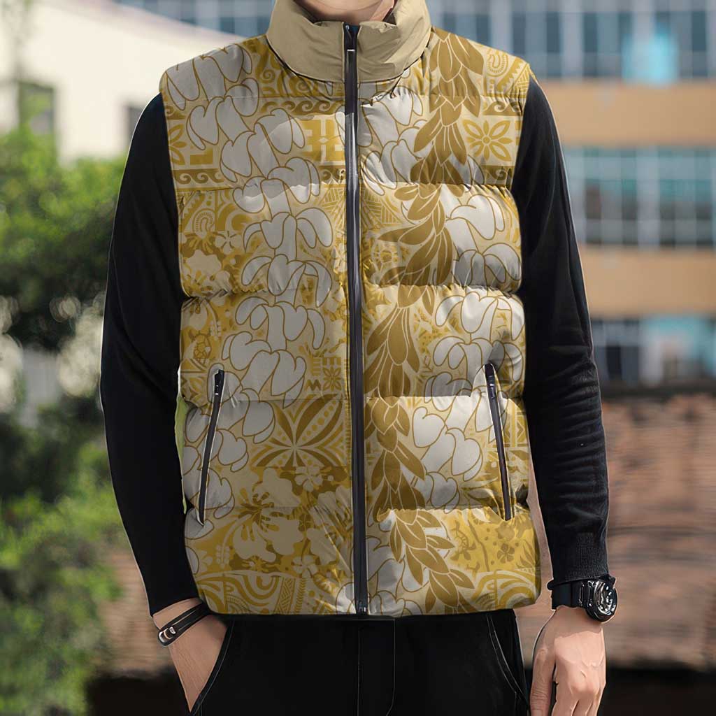 Gold Puakenikeni and Maile Lei Sleeveless Puffer Jacket Hawaiian Style Tribal Tapa Double Strand Lei - Polynesian Pride