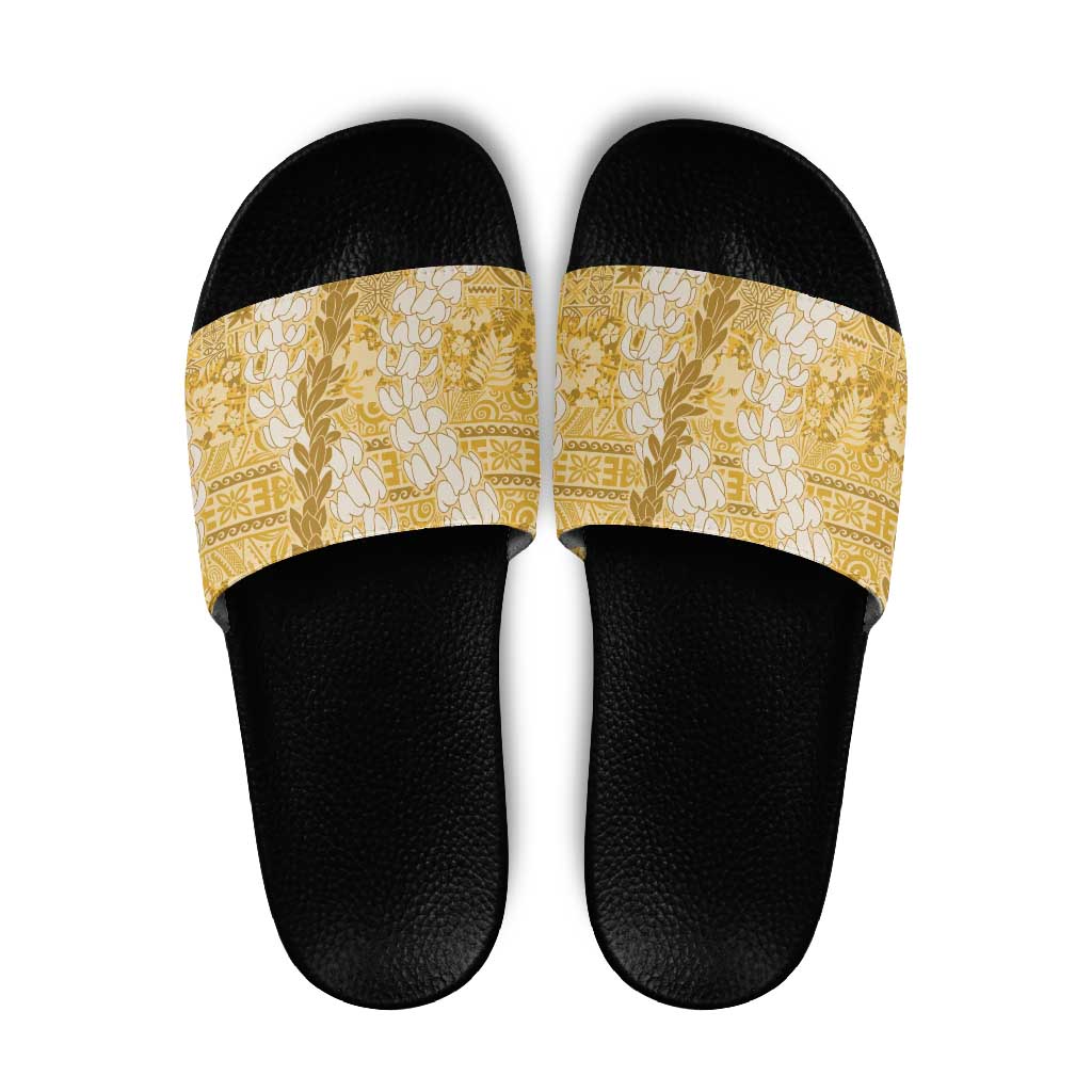 Gold Puakenikeni and Maile Lei Slide Sandals Hawaiian Style Tribal Tapa Double Strand Lei - Polynesian Pride