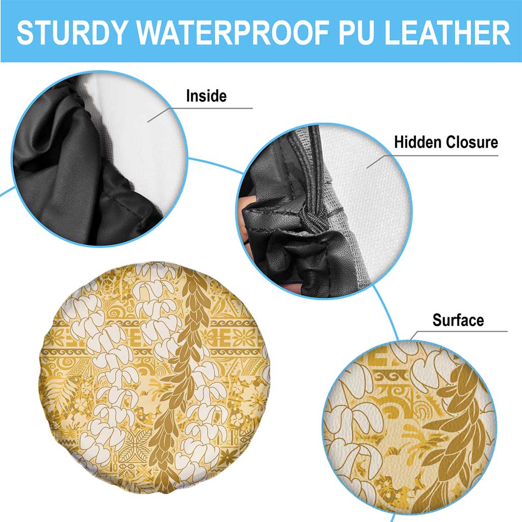 Gold Puakenikeni and Maile Lei Spare Tire Cover Hawaiian Style Tribal Tapa Double Strand Lei